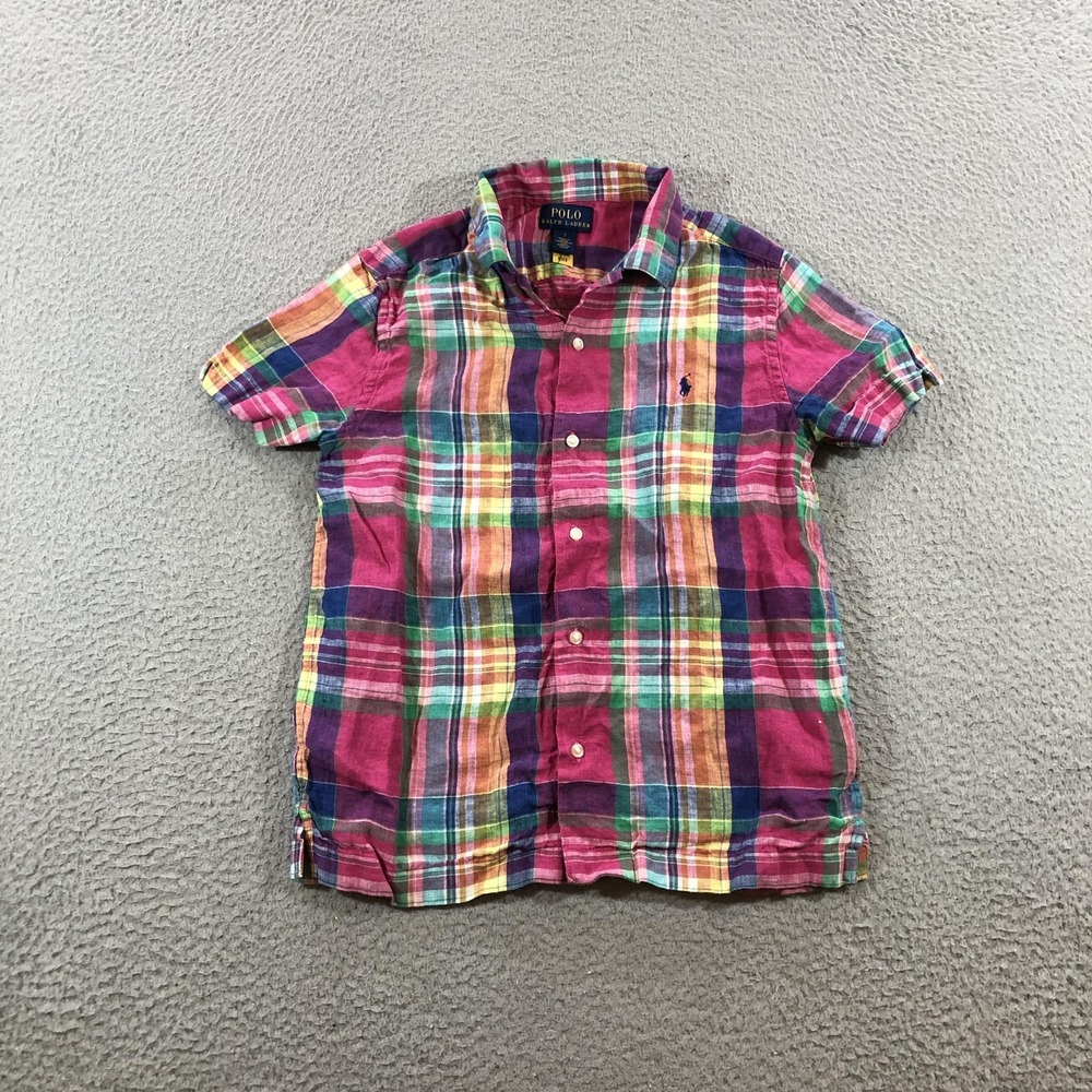 Polo Ralph Lauren Shirt Boys 7 Multicolor Plaid Linen Short Sleeve Button Down